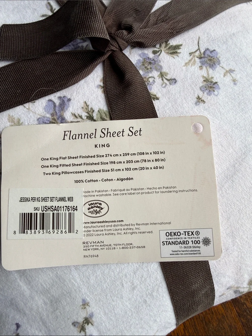 Laura Ashley Jessika White Flannel Sheet Set with Lavender Floral Print- King